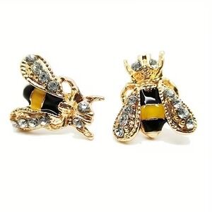 Gold Tone Bee Stud Earrings Crystal Embellished Women Jewelry